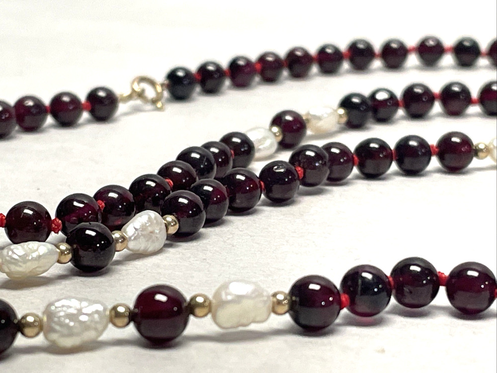 Vintage Genuine Garnet & Freshwater Pearl Necklace 34" Knotted 14K GF Clasp 52g